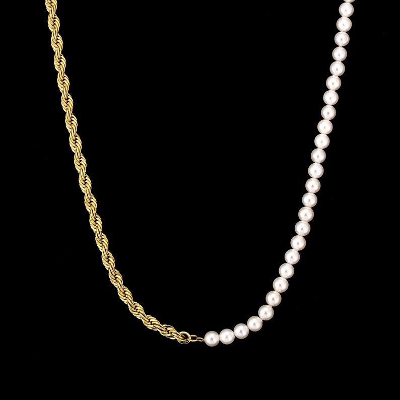 Mens Pearl Necklace 18K Gold Rope Chain / Half Shell Pearl Chain Necklace Mens Pearl Chain Bracelet Mens Jewelry Gifts image 8