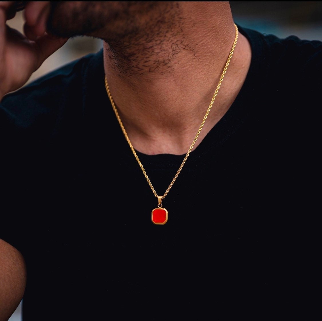 Mens gold chain hotsell with ruby pendant