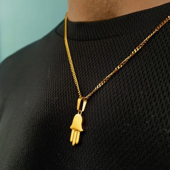 18K Gold Necklace Hamsa Pendant Evil Eye Layered Necklace for Men