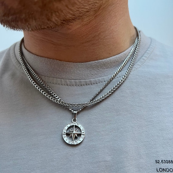Silver Compass Necklace, Mens Necklace North Star Pendant Silver Chain Mens Gift Set Chain Silver Necklace  For Men - Mens Jewelry Gifts UK