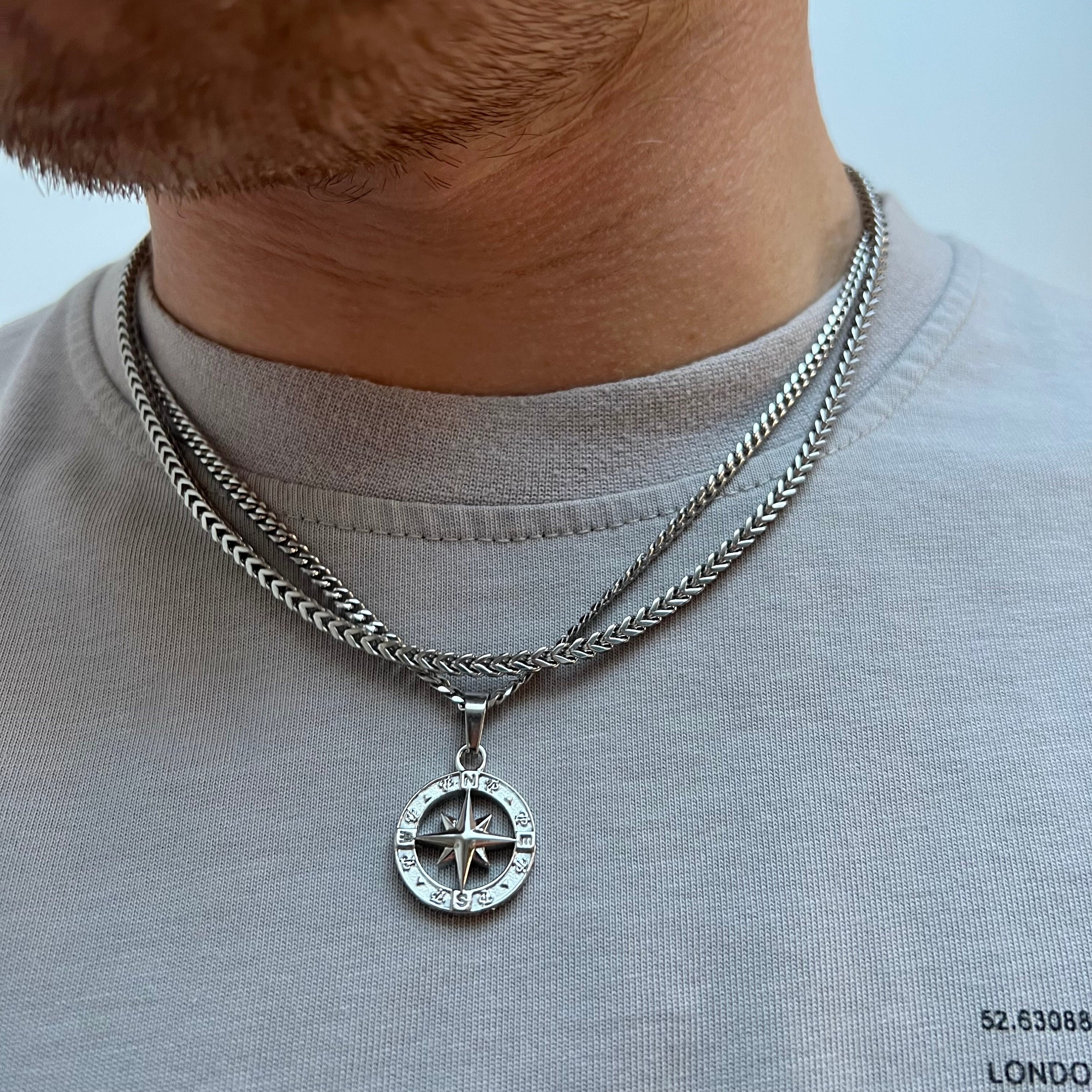 Antique Silver Coin Compass Pendant Necklace Curb Chain N00535
