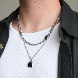 Mens Necklace Set - Silver Onyx Pendant Necklace For Men - By Twistedpendant
