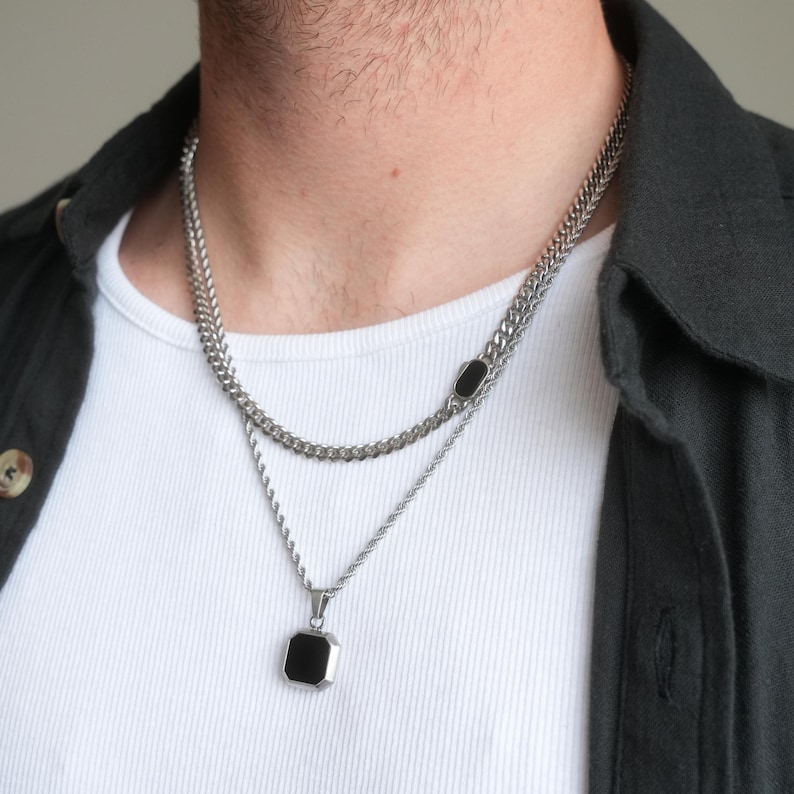 Mens Necklace Set - Silver Onyx Pendant Necklace For Men - By Twistedpendant