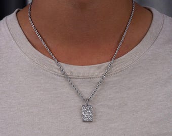 Mens Necklace - Silver Hammered Bar Pendant Necklace For Men - Mens Silver Pendant - Mens Jewelry - Rectangle Pendant Men- By Twistedpendant