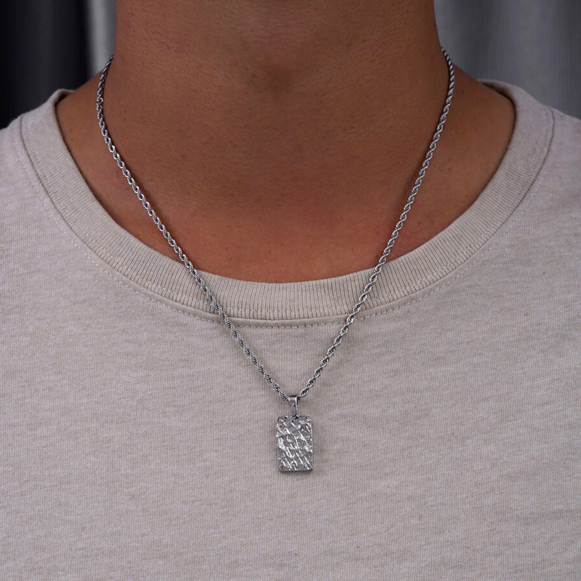 Mens Necklace - Silver Hammered Bar Pendant Necklace for Men