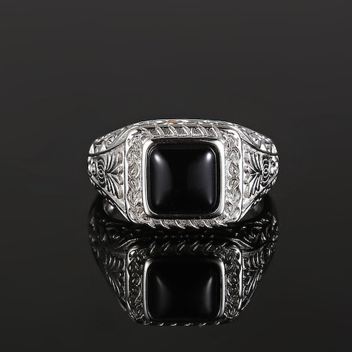Silver Signet Ring - Vintage Styled Black Quartz Stone Signet Ring
