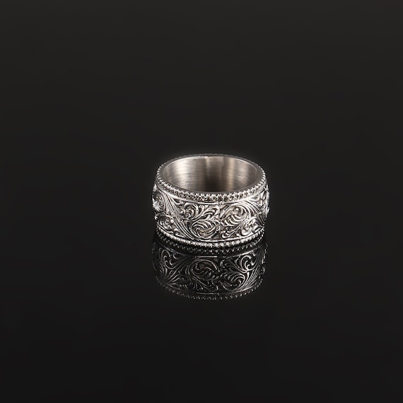 Mens Ring, Chunky Patterned Silver Band Ring - Mens Signet