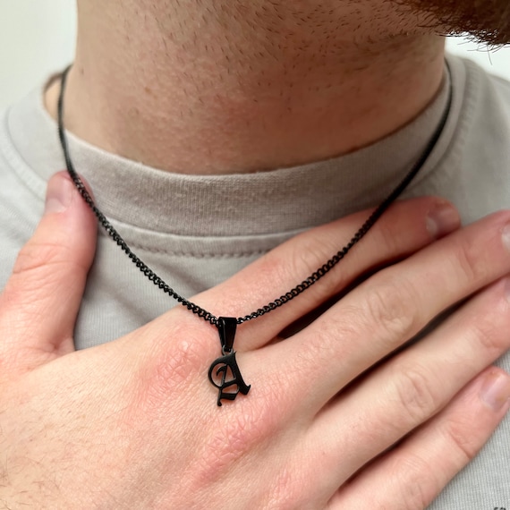 Mens Initial Necklace Black Initial Necklace For Men Women Old English Letter Initial With Black Chain Mens Jewelry By Twistedpendant