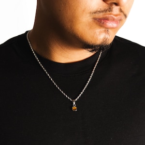 Tigers Eye Necklace - Mens Mini Tigers Eye Pendant Necklace For Men - Mens Silver Necklace - Mens Jewelry - Silver Gemstone Necklace Gift UK