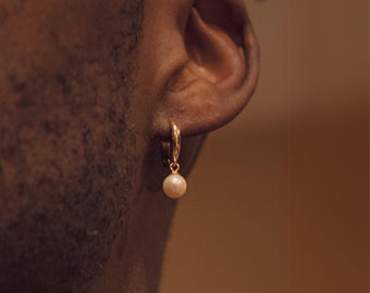 Mens Earrings - Gold Pearl Dangle Earrings Men - Pearl Dangle Earring For Men / Women - Mens Jewelry - Gold Pearl Earring By Twistedpendant
