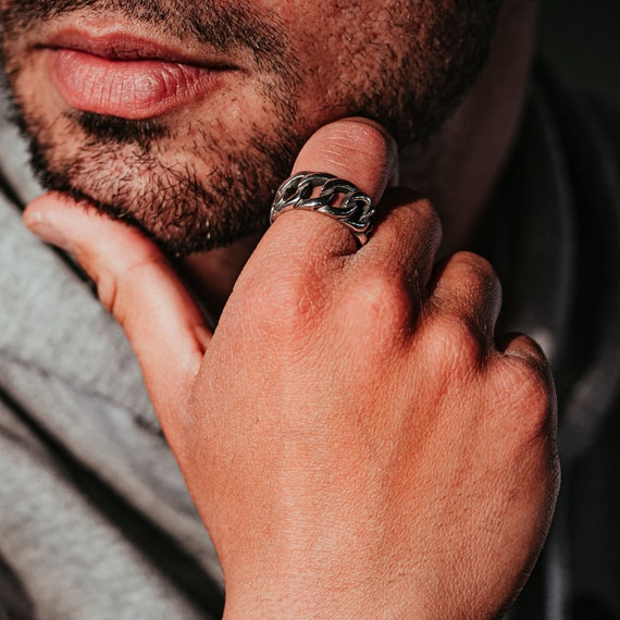 Remontarse suéter pequeño Anillo de hombre Grueso Anillo estilo cadena cubana De plata - Etsy España