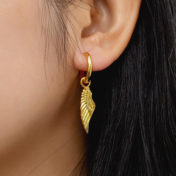 14k Gold Angel Wing Earrings with Feather Details - For Women and Men - Bohemian and Minimalist Dangle Earring Design - Boho Fashion