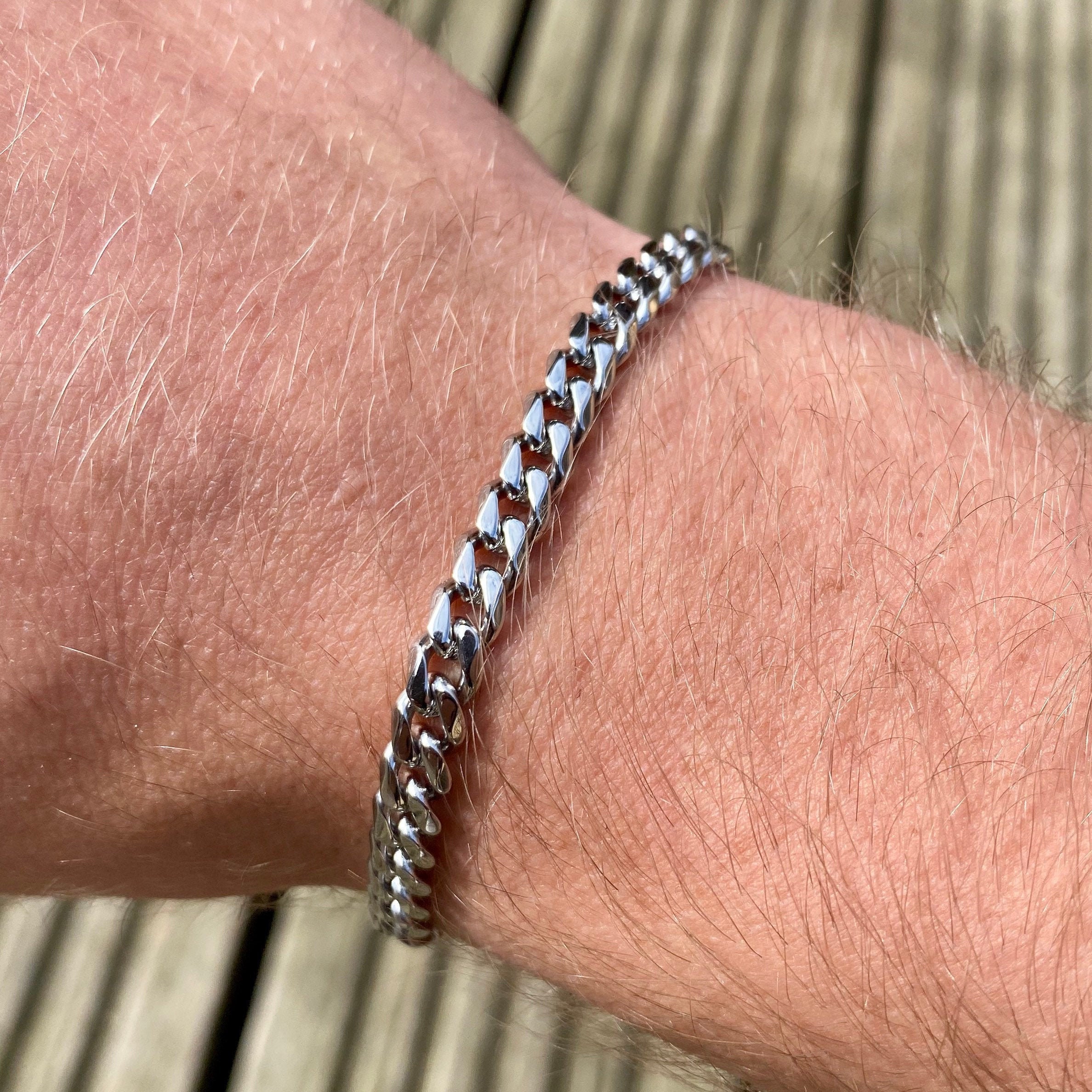 Mens Bracelet - Cuff Chain Bracelet Made Of Silver Plated Stainless Steel -  5mm Thickness Bracelet for Men - Fits 7-8 Wrist Size