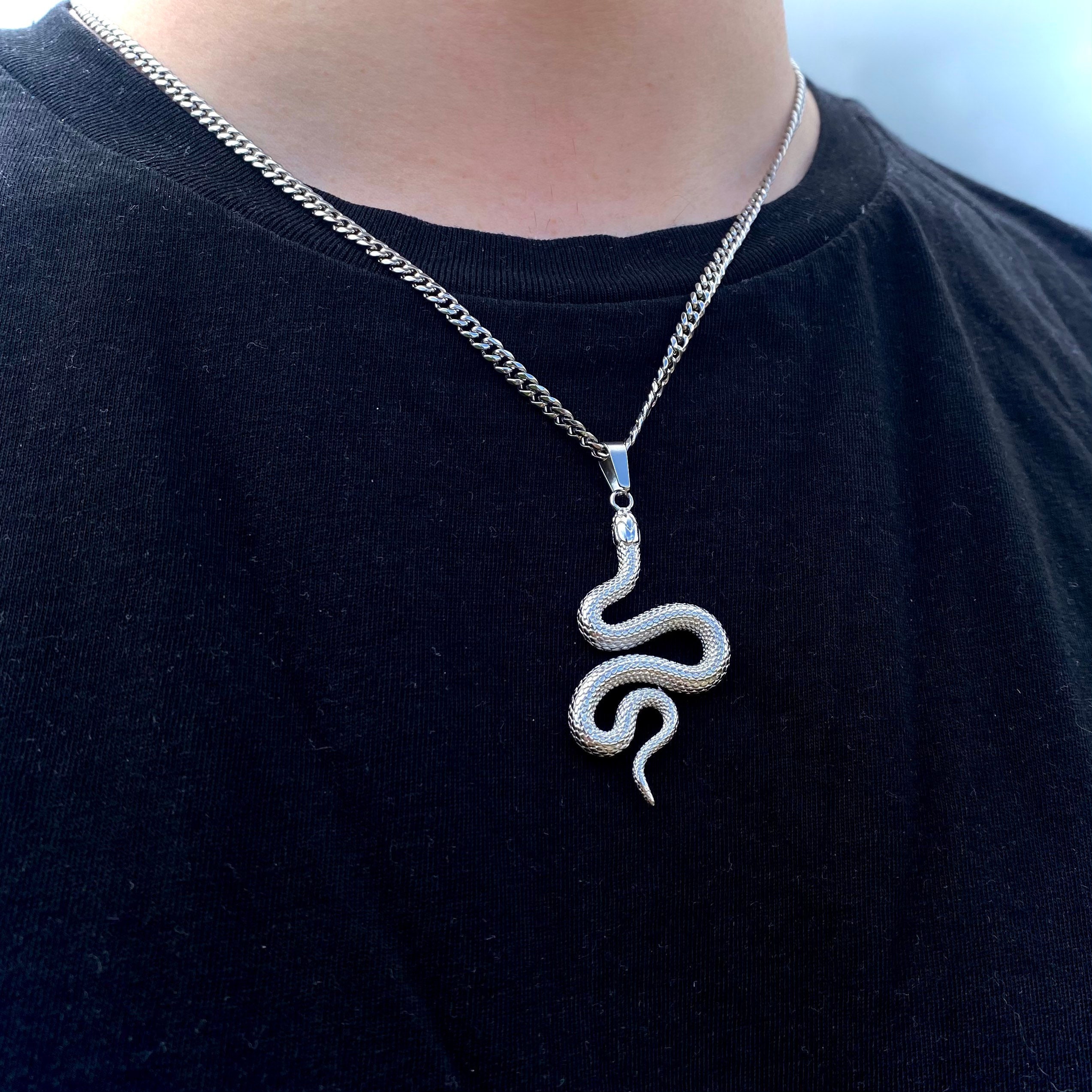 Mens Necklace Silver Snake Pendant Necklace Stainless Steel - Etsy UK