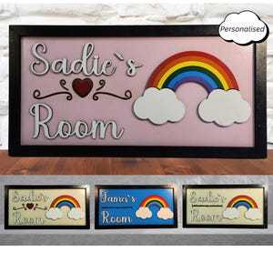 Letrero de habitación arcoíris personalizado - Placa de madera 3D con nombre para niños - Regalo personalizado para niños y niñas - Letrero de pared infantil / Placa de madera artesanal