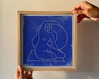 LINOGRAVURE, Woman with blue skin, 25x25