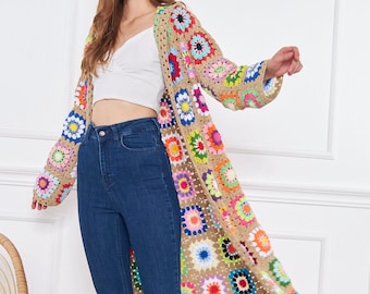 Crochet Granny Square Duster Coat for Women : Long Boho Jacket Birthday Gift For Wife