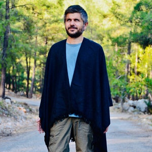 Black Wool Blend Poncho for Men: Boho Winter Jacket