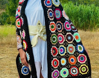Handmade Crochet Granny Square Shawl: Boho Festival Fringe Wrap