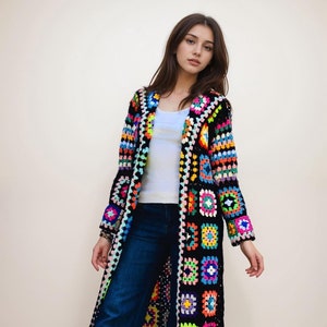 Handmade Crochet Granny Square Knit  Maxi Coat: Plus Size Boho Cardigan Handmade Clothes