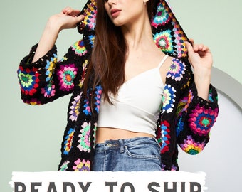 Crochet Hooded Cardigan: Long Knit Black Sweater