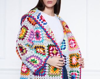 Hand Knit Fall Cardigan Sweater Handmade Winter Clothes Boho Hippie Jacket Gift for Wife Grey Jacket Women Midi Hooded Jacket Coat