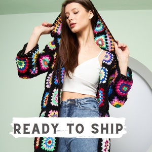 Granny Square Crochet Hooded Cardigan: Hand Crochet Cotton Blend
