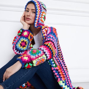 Oversize Crochet Granny Square Cardigan: Handmade Cotton Blend Winter Jacket