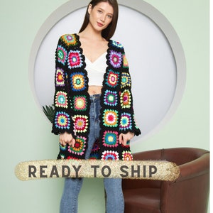 Oversize Crochet Maxi Cardigan: Cotton Blend, Granny Square Jacket Oversize Clothing