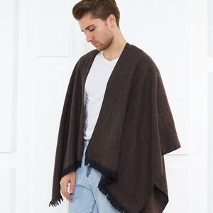 Brown Wool Blend Poncho: Mens Boho Festival Jacket