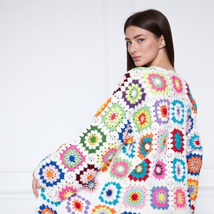 Boho Crochet Granny Square Sweater: Cream Cotton Cardigan