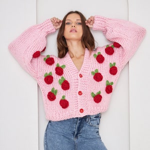 Custom Crochet Rose Cardigan: Chunky Knit Pink Winter Jacket
