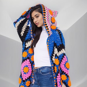 かぎ針編みの冬用コート：プラスサイズのマルチカラーおばあちゃんスクエアカーディガンハンドニットレディース服