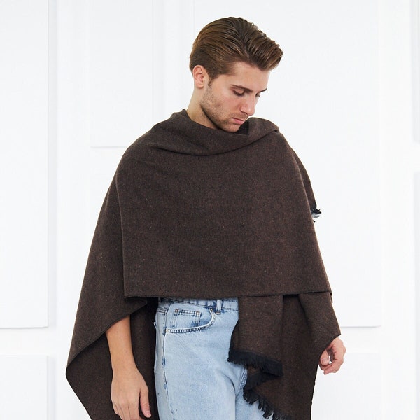 Sciarpa oversize marrone da uomo, scialle invernale da uomo, sciarpa grande in lana nera da uomo, poncho da giacca Boho nero da uomo, mantello autunnale in lana, mantello da uomo