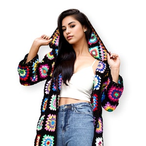 Women sweater cardigan, Hand crochet jacket, Black boho jacket, Black winter jacket, Black bohemian jacket, Black knit jacket,