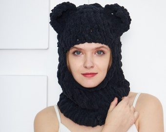 Balaclava Bear Ears, Teddy Bear Ears Hat, Hand knit Crochet Balaclava, Ski Mask With Ears, Bear Balaclava, Bear Ears Hat, Cute Hat gift