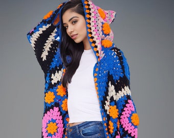 Chaqueta con capucha de punto bohemio hecha a mano: bata de festival