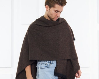 Écharpe oversize marron pour homme, châle d'hiver pour homme, grande écharpe en laine noire pour homme, poncho veste bohème noir pour homme, cape d'automne en laine, cape pour homme