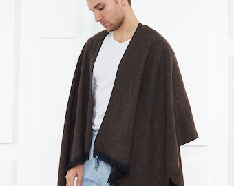 Brown Wool Blend Poncho: Mens Boho Festival Jacket