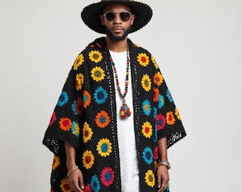 Kimono de festival de crochet hecho a mano: Top rave para hombre