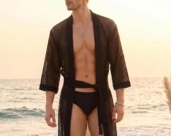 Túnica de kimono de red hecha a mano: Burning Man Festival Kaftan chaqueta de túnica de malla para hombre