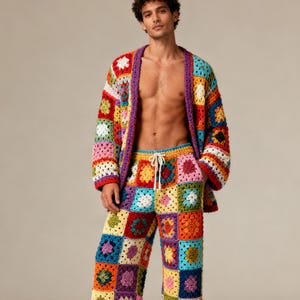 Men's Crochet Knit Festival Outfit: Jacket & Pants Rave Outfit Men's Clothing Festival Wear