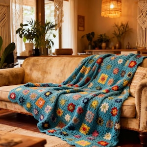 Manta cuadrada de punto estilo boho de abuela, manta de patchwork tejida a crochet, decoración boho para el hogar, manta estilo años 70, regalo acogedor para ella