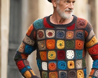 Boho Pullover Men, Handmade Mens Jumper, Hand knit Pullover, Colorful Jumper Men, Festival Jumper, Festival Knit Pullover, Crochet top men