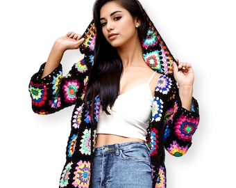 Women sweater cardigan, Hand crochet jacket, Black boho jacket, Black winter jacket, Black bohemian jacket, Black knit jacket,