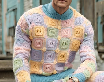 Cadeau unique pour homme, pull en laine pour homme, veste en laine, pull patchwork multicolore, veste pull fait main pour homme, cadeau d'anniversaire de mari