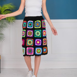 Granny Square Skirt, Retro Skirt, Boho Skirt, Colorful Skirt, Knit Skirt, Hippie Skirt