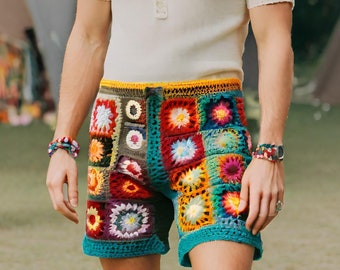 Vêtements de festival pour hommes, shorts hippie, shorts au crochet, shorts bohèmes pour hommes, shorts en tricot pour hommes