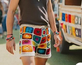 Crochet Festival Mens Shorts, Hand knit  Shorts For Men, Hippie Shorts Men, Granny Boho Shorts Men