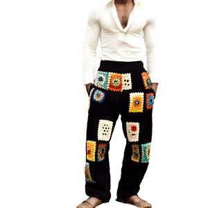 Hand-Knitted Crochet Pants: Retro Granny Square Festival Style